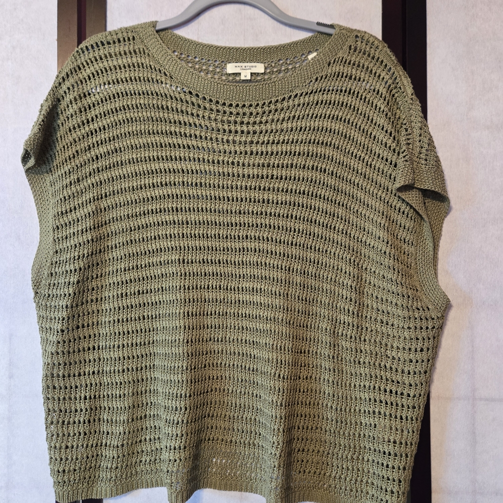 Max Studio London Open Knit Sweater   M Oversized Green Boho Pullover Top